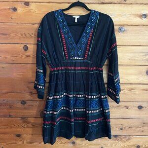 Joie Black Embroidered V Neck Boho Dress Size Small
